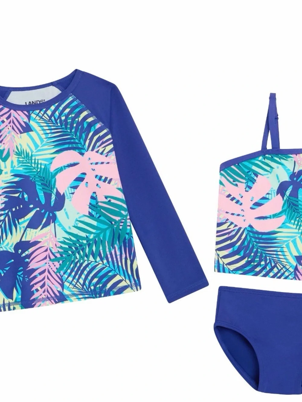 Lands' End Girls Blue Tropical Print Two-Piece Swim Set with Pink Accents
